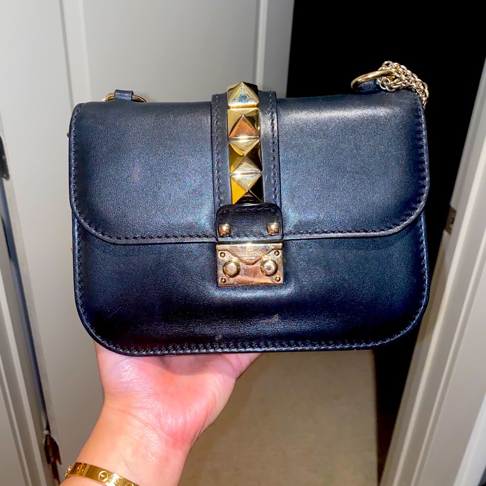 Valentino Black Leather Mini Shoulder Bag with Gold Studs